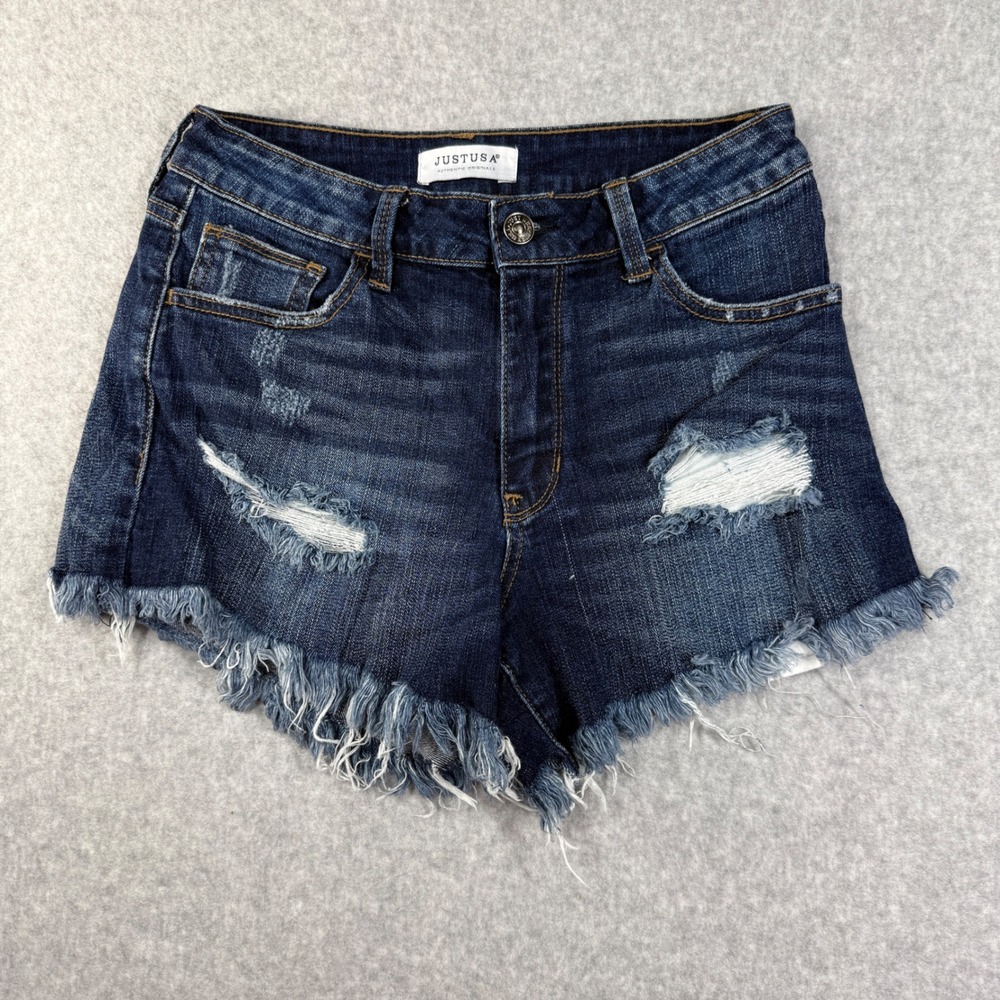 JUSTUSA Distressed Denim Shorts Women XS Dark Wash Frayed Raw Hem JH819
